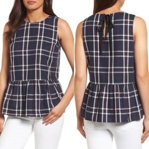 Halogen Navy Blue Plaid Peplum Bow Back Top XL